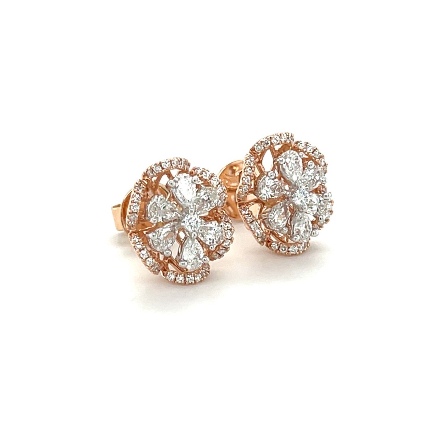 Elegant 18k Rose Gold Floral Diamond Stud Earrings